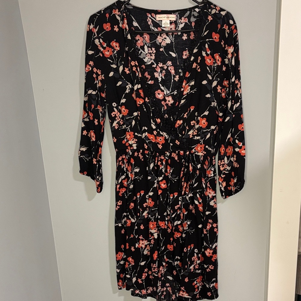 Band of Gypsies Floral Wrap Mini Dress Black Coral Pom Pom Trim Boho Womens M